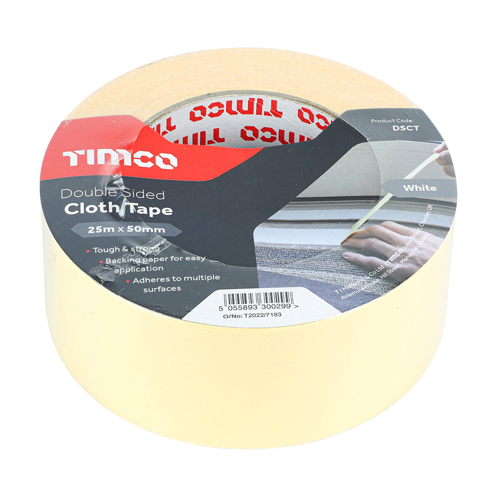 Timco Double Sided Cloth Tape - White 25m x 50mm