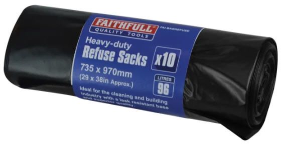 Faithful Heavy-Duty Black Refuse Sacks 10pcs - 96L